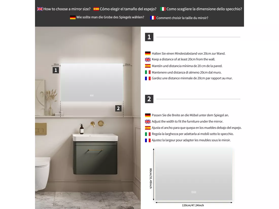 Miroir Salle de Bain avec Éclairage - 80 x 120 cm - Miroir LED Salle de Bain - avec Anti-buée et 3 Couleur Changeable