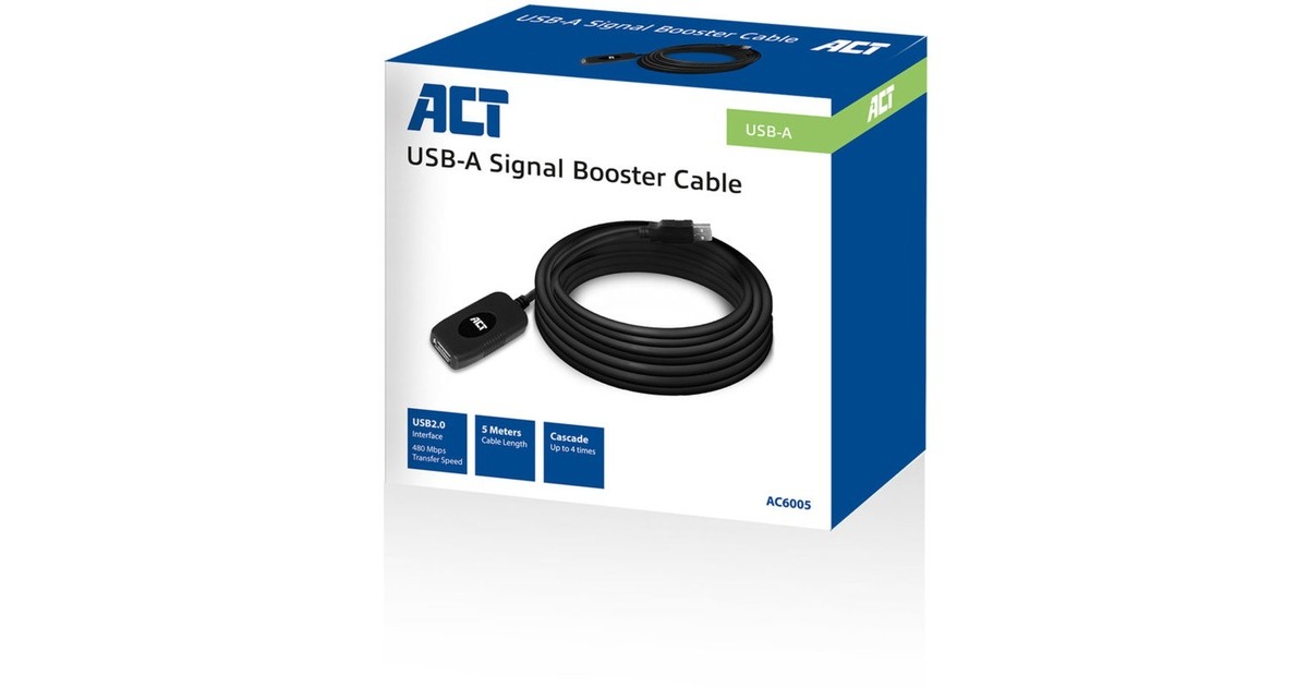 ACT ConnectivityUSB 2.0 Signaalversterker, 5 meter verlengkabel  (Zwart)