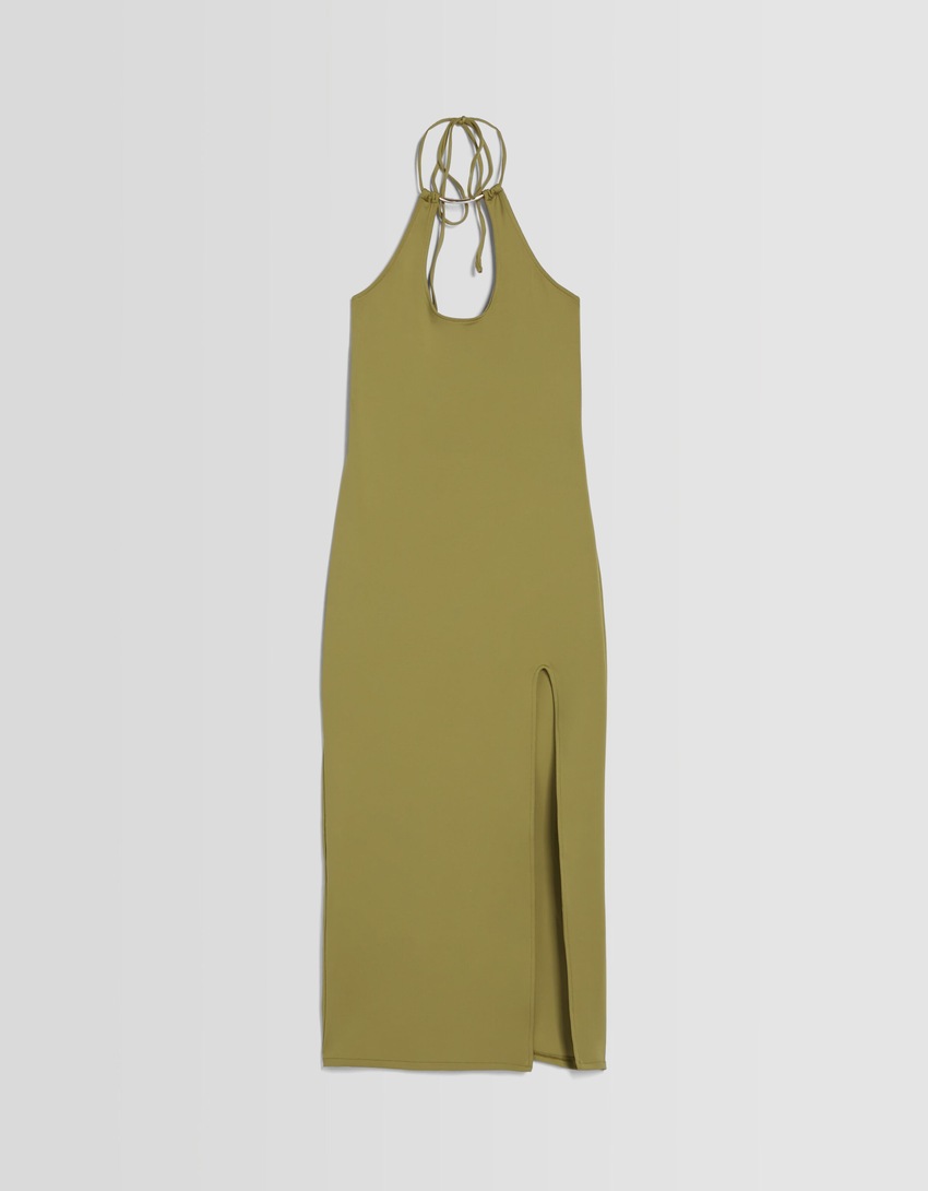 Vestido midi ajustado com detalhe de gola