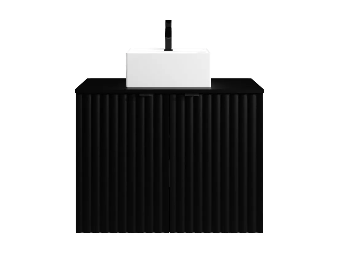 Meuble de salle de bain suspendu strié avec vasque à poser - Noir - L80 cm - ZILGA