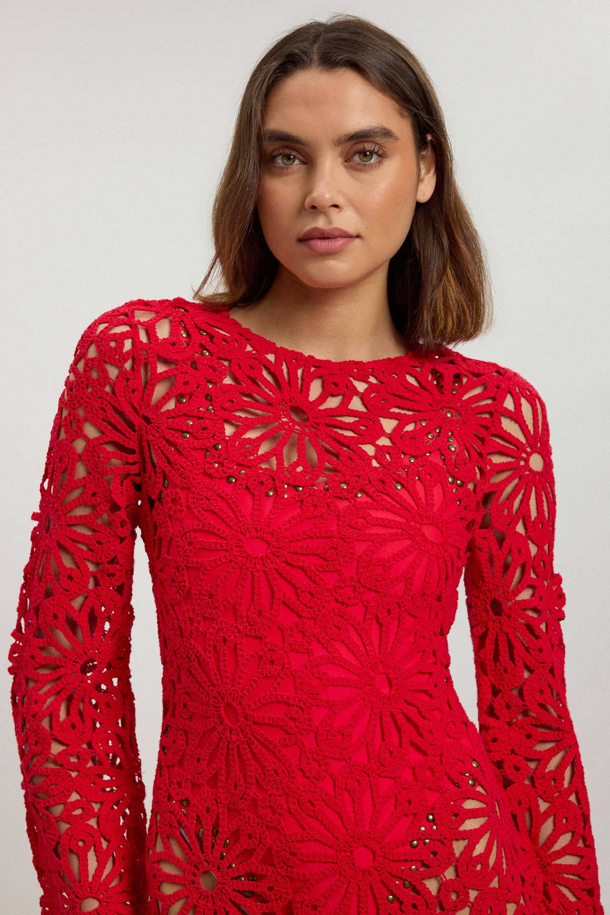 KarenMillen Robe Longue de Plage Dos Nu en Crochet Fleuri Tissé