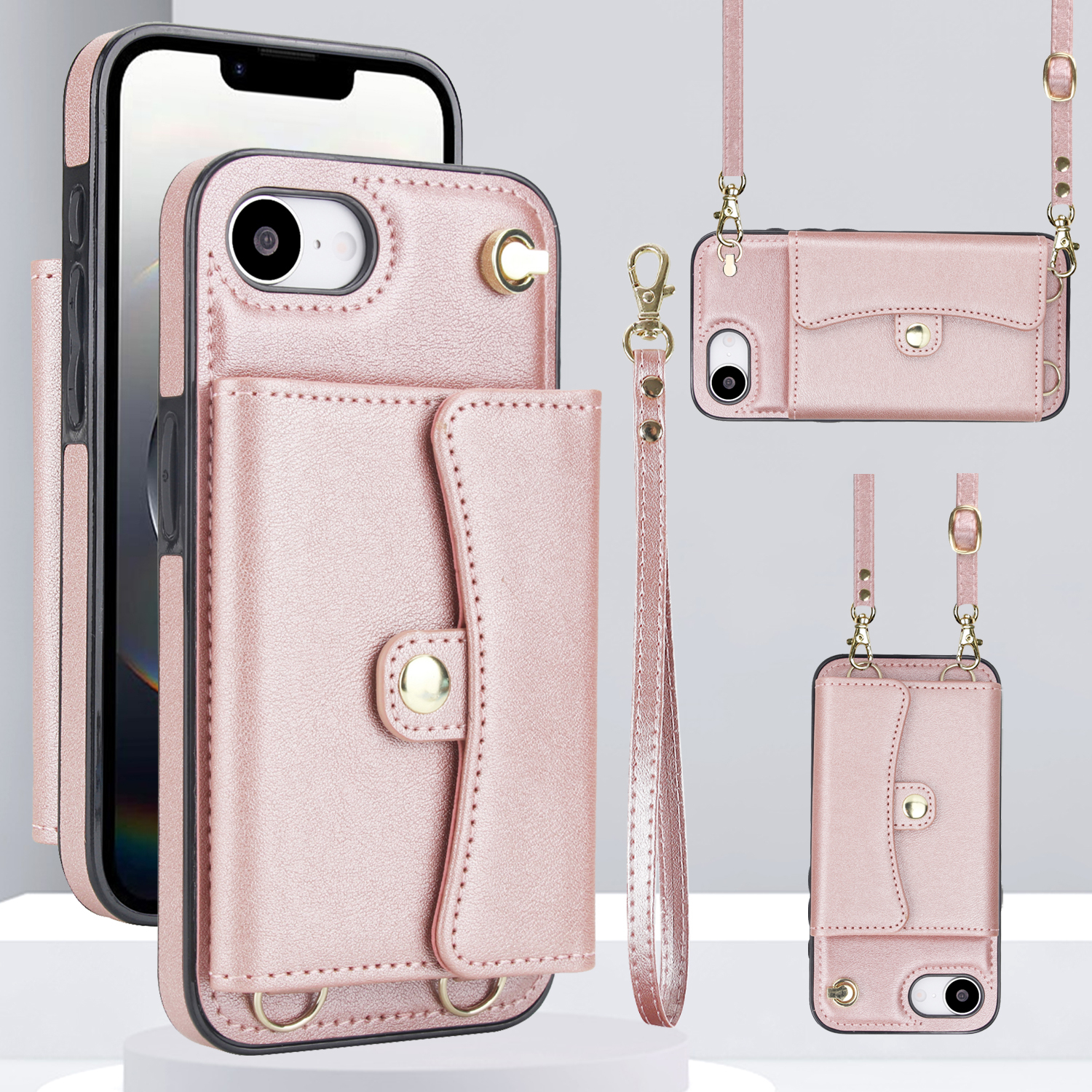 iPhone 16e Necklace Leder Schutz Hülle mit Kartenfach   Handykette (140cm) - Roségold