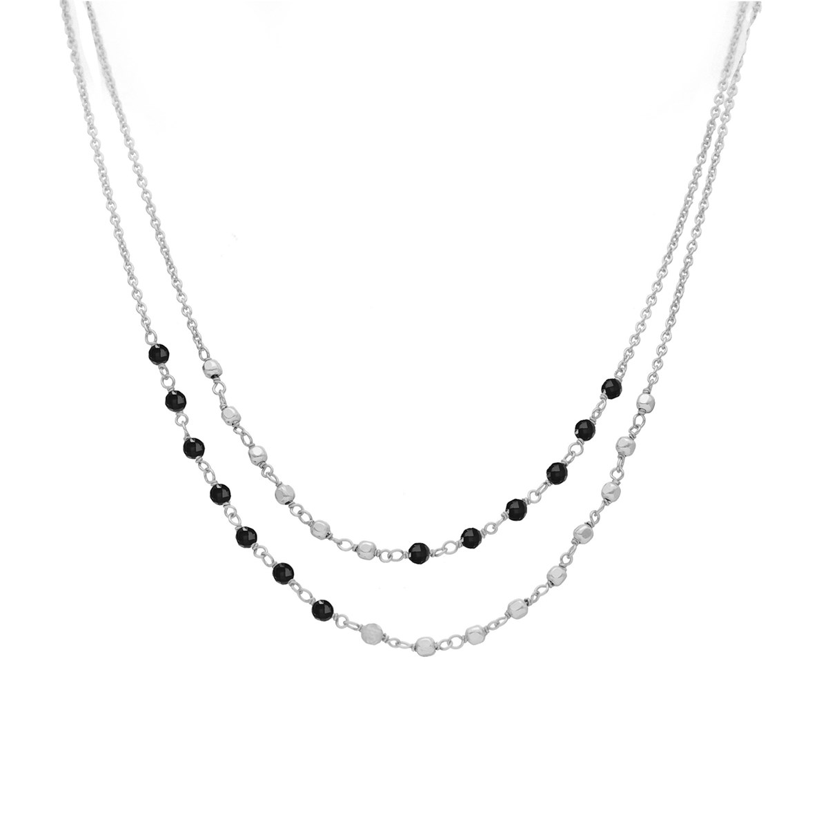 Collier Argent Rhodié Doubles Chaînes Pierre Spinelle Noir