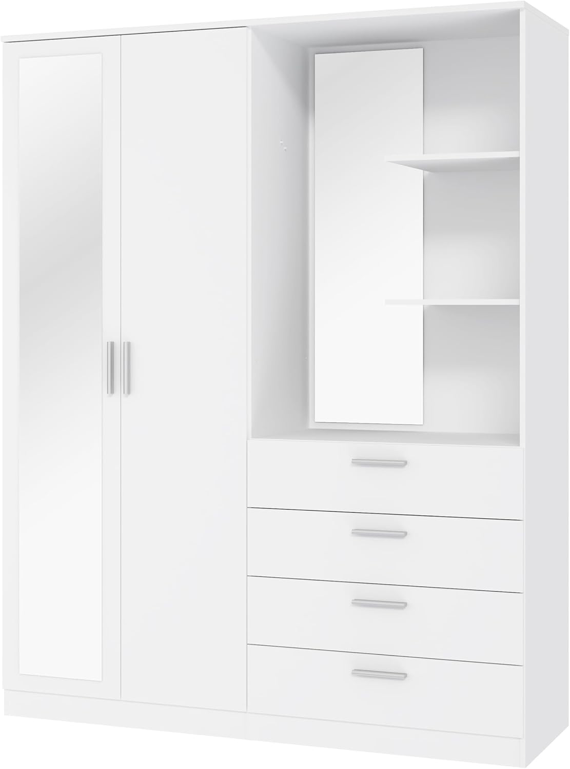 Forte DEWANIA Kleiderschrank 160, Schrank mit offenen Regalfächern und Spiegel, Holzwerkstoff, Weiß, 159,3 cm breit, 203,4 cm hoch, 52,7 cm tief
