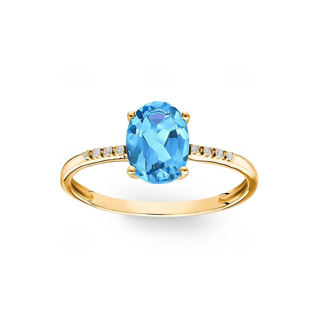 Damenring 750/18 K Gelbgold mit Blautopas oval und Diamanten 0.02 ct H/si