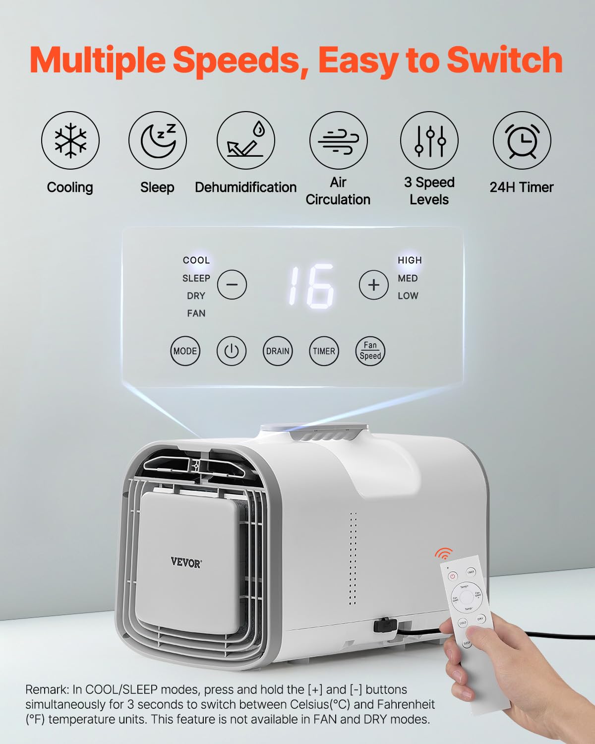 VEVOR Tragbare Klimaanlage, 4250 BTU, 3-Gang-Klimagerät mit 24-Stunden-Timer, Kühler, einstellbar von 16–32 °C, kompatibel mit AC/DC, für Camping, Wohnmobile oder den Heimgebrauch, 510x270x315 mm