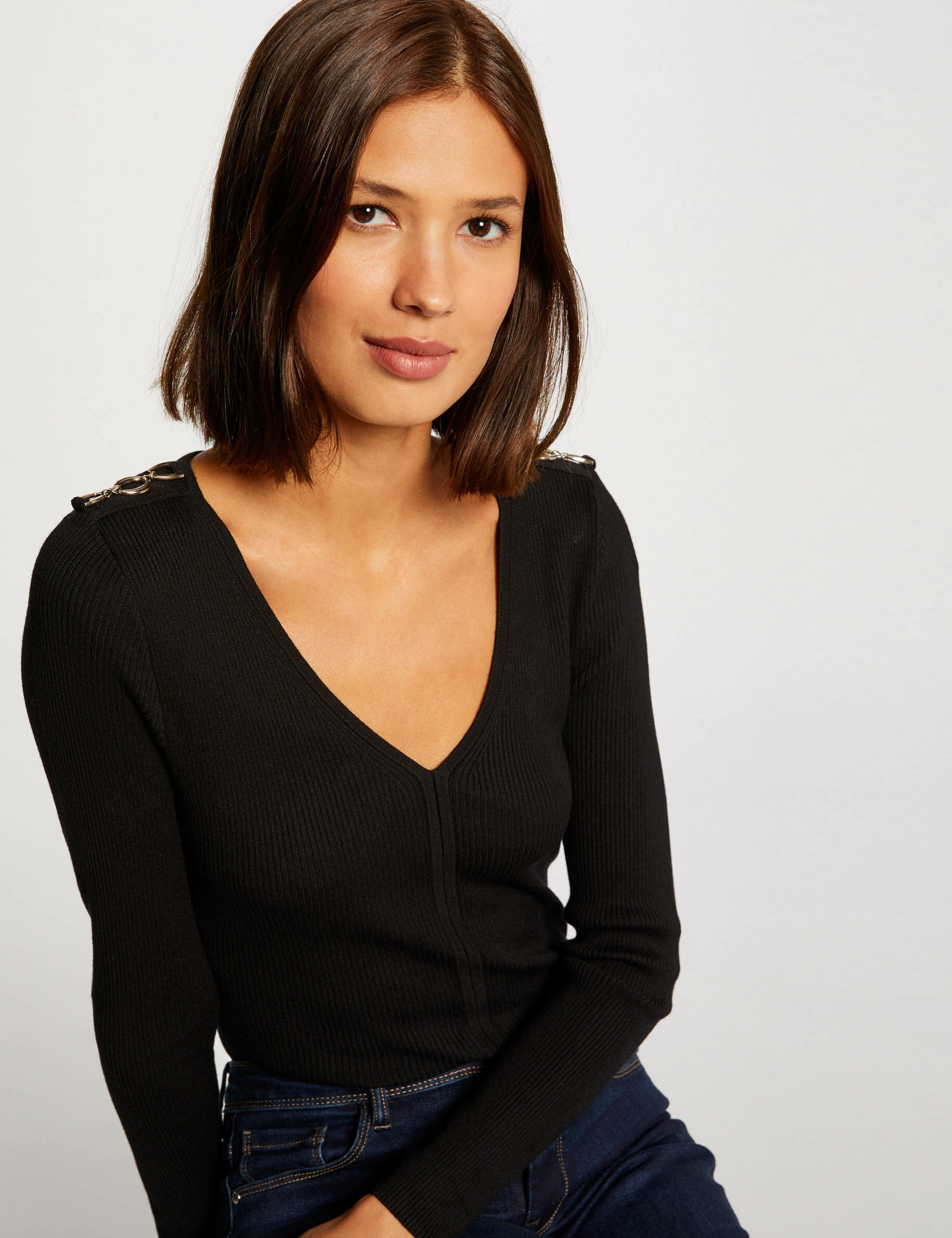 Pull manches longues avec col en V noir femme - noir