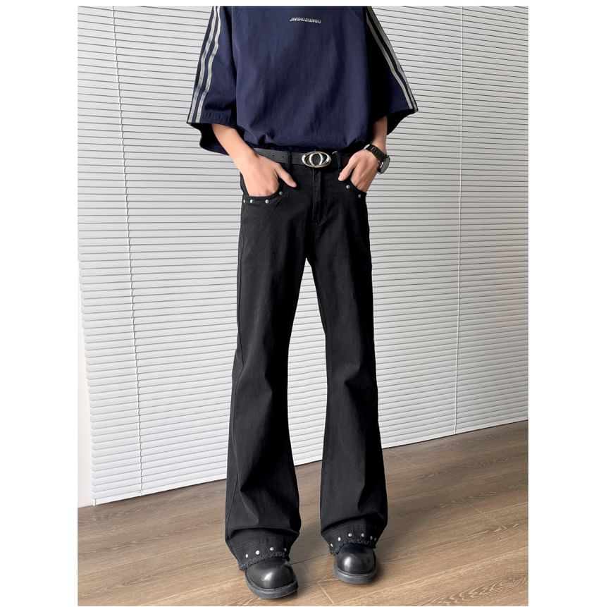 Filmas - Mid Rise Washed Frayed Studded Flared Jeans