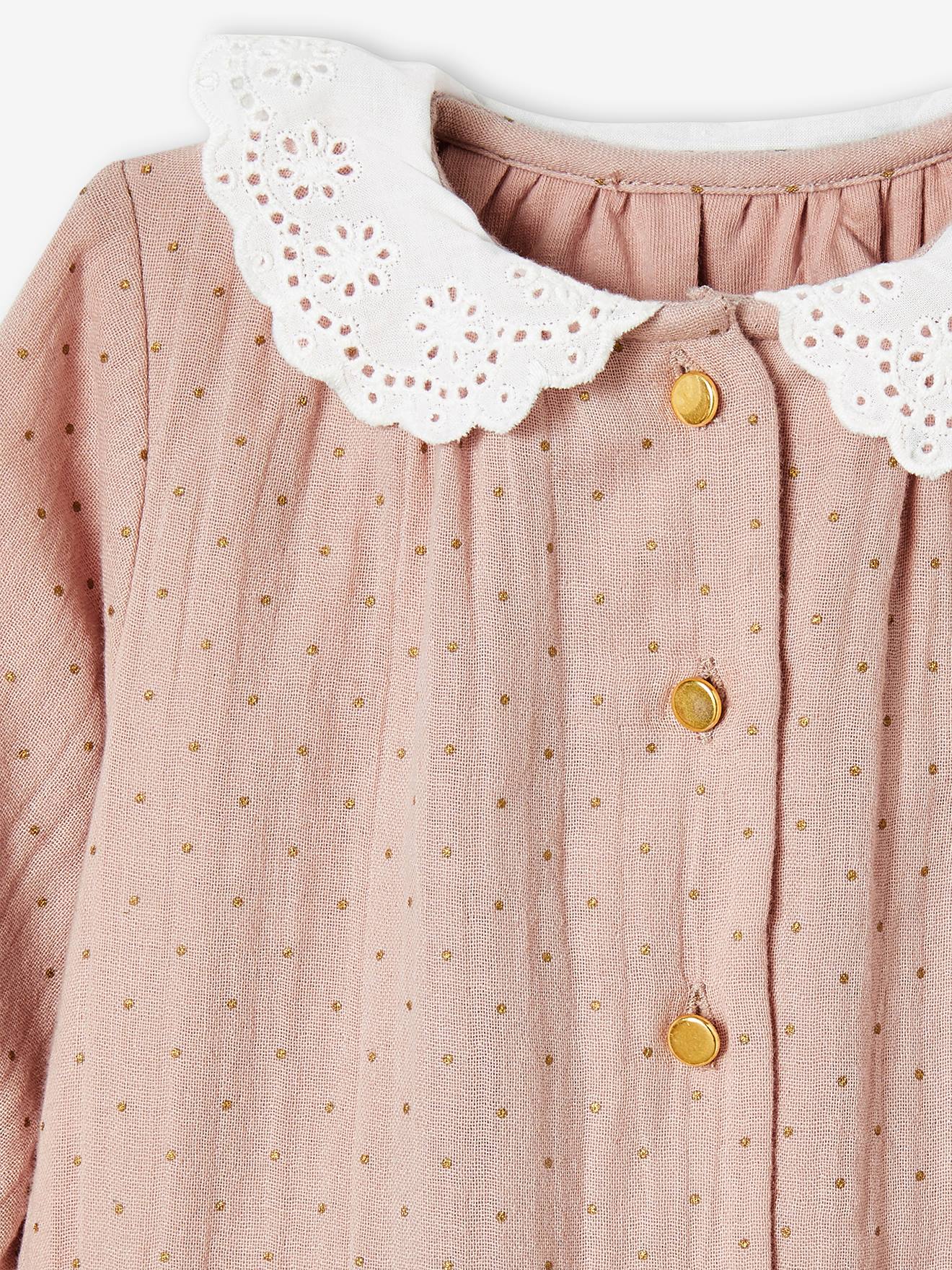 Macacão infantil com gola bordada em estilo inglês, estampa rosa tamanho médio