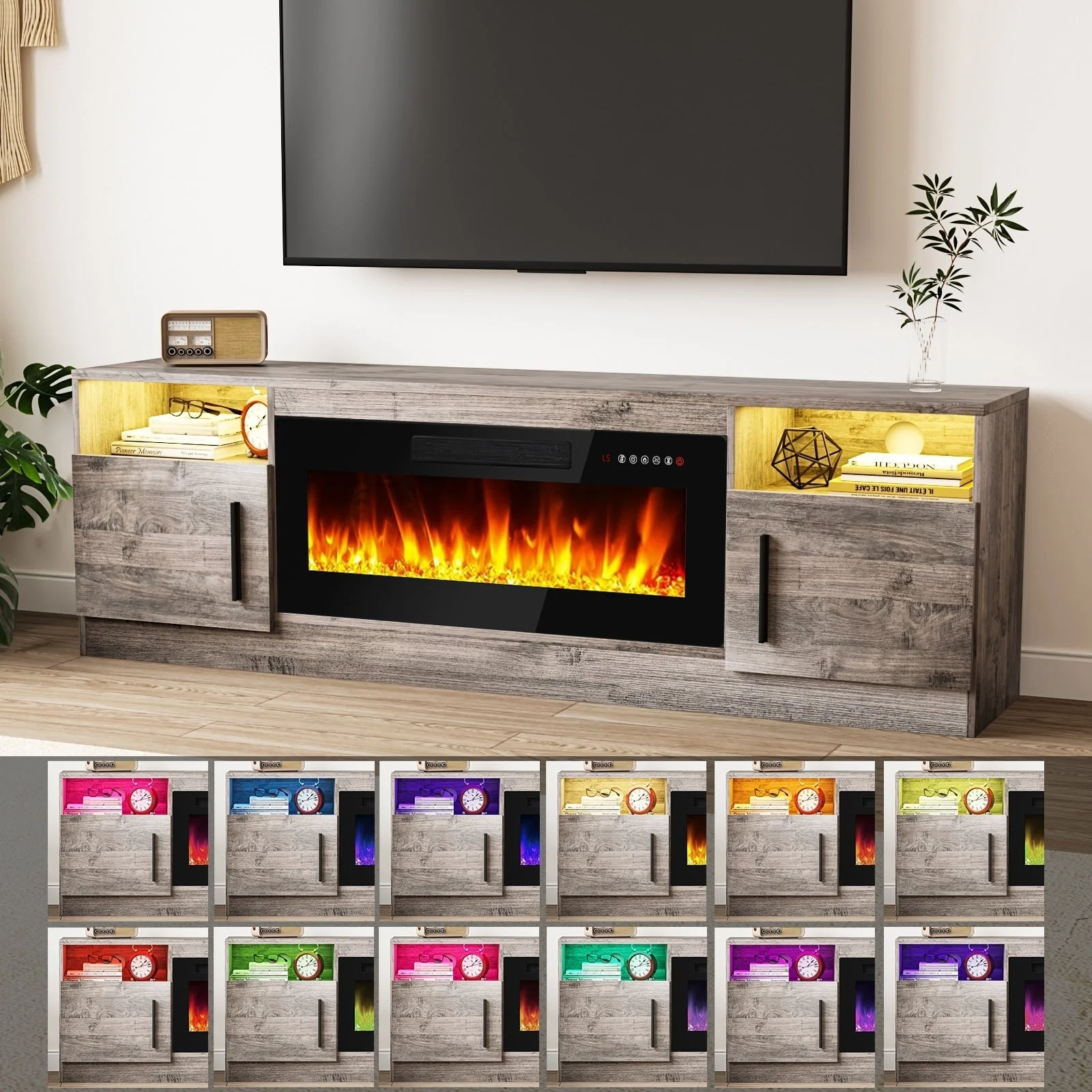Bossin 70 Fireplace TV Stand with 36 Electric Fireplace, TV Stand for TVs Up to 80, 16 Colors LED Lights/Entertainment Center