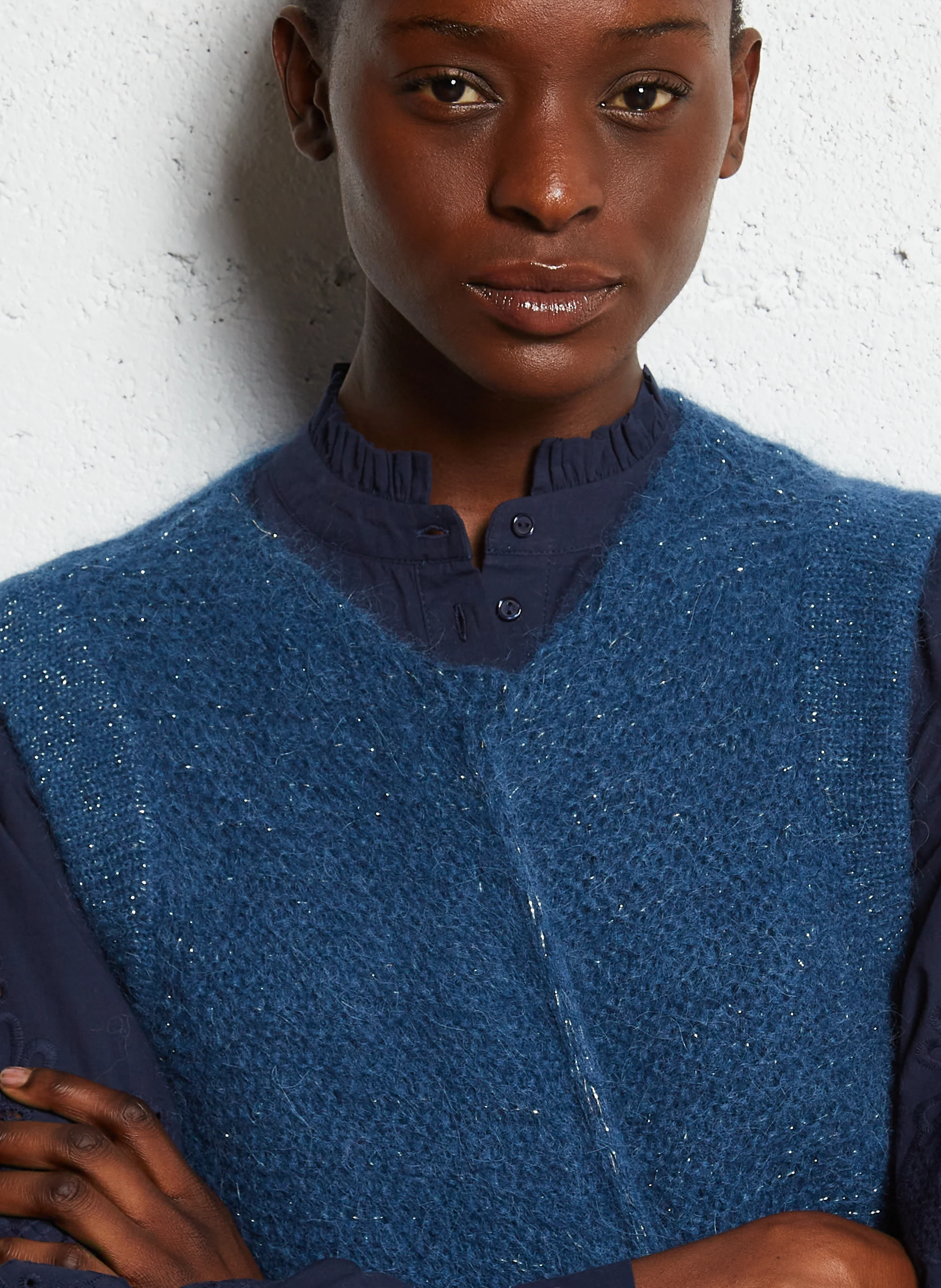 GOTANAX - Gilet col rond droit en maille | Bleu