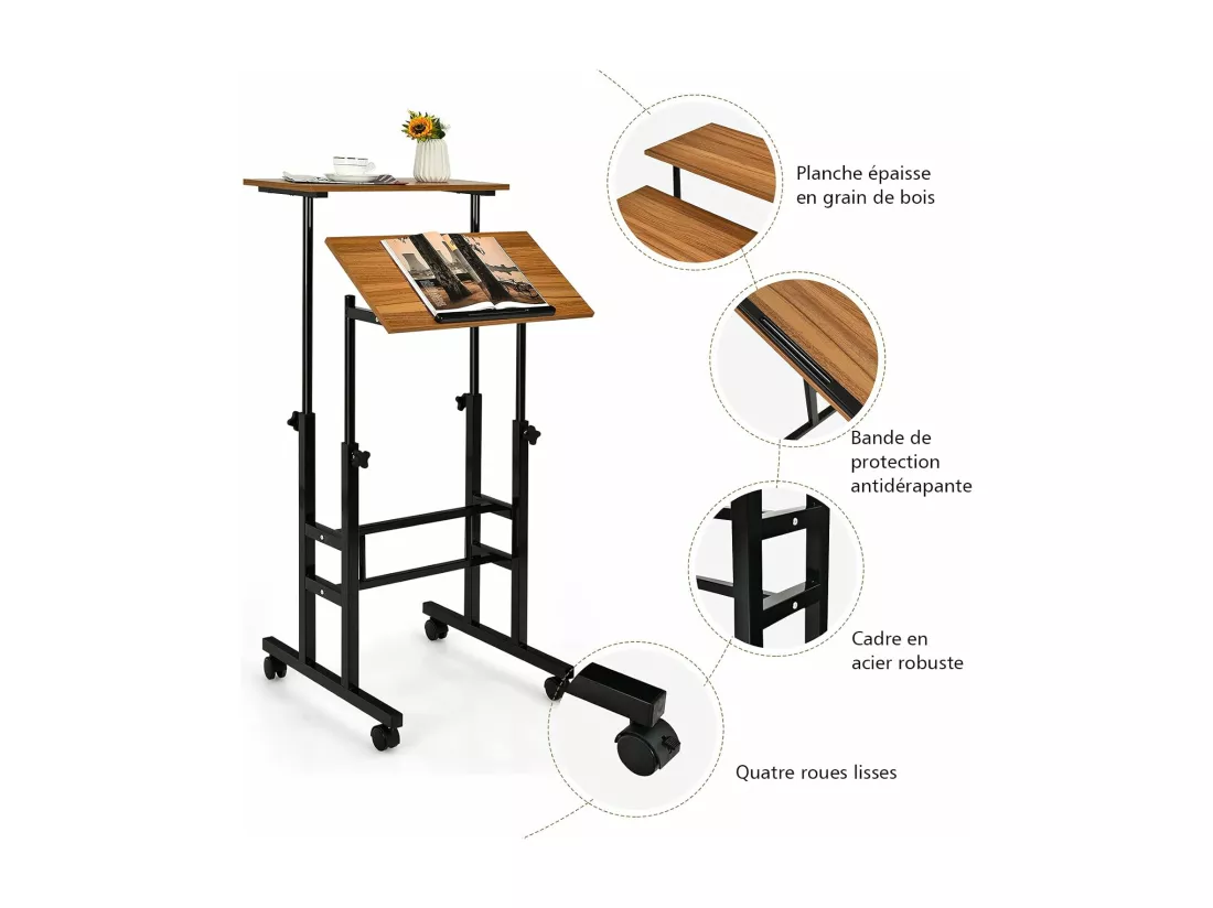 Bureau Assis-Debout à roulettes, Table Informatique à 2 Niveaux pour Ordinateur avec Hauteur Réglable, Noyer