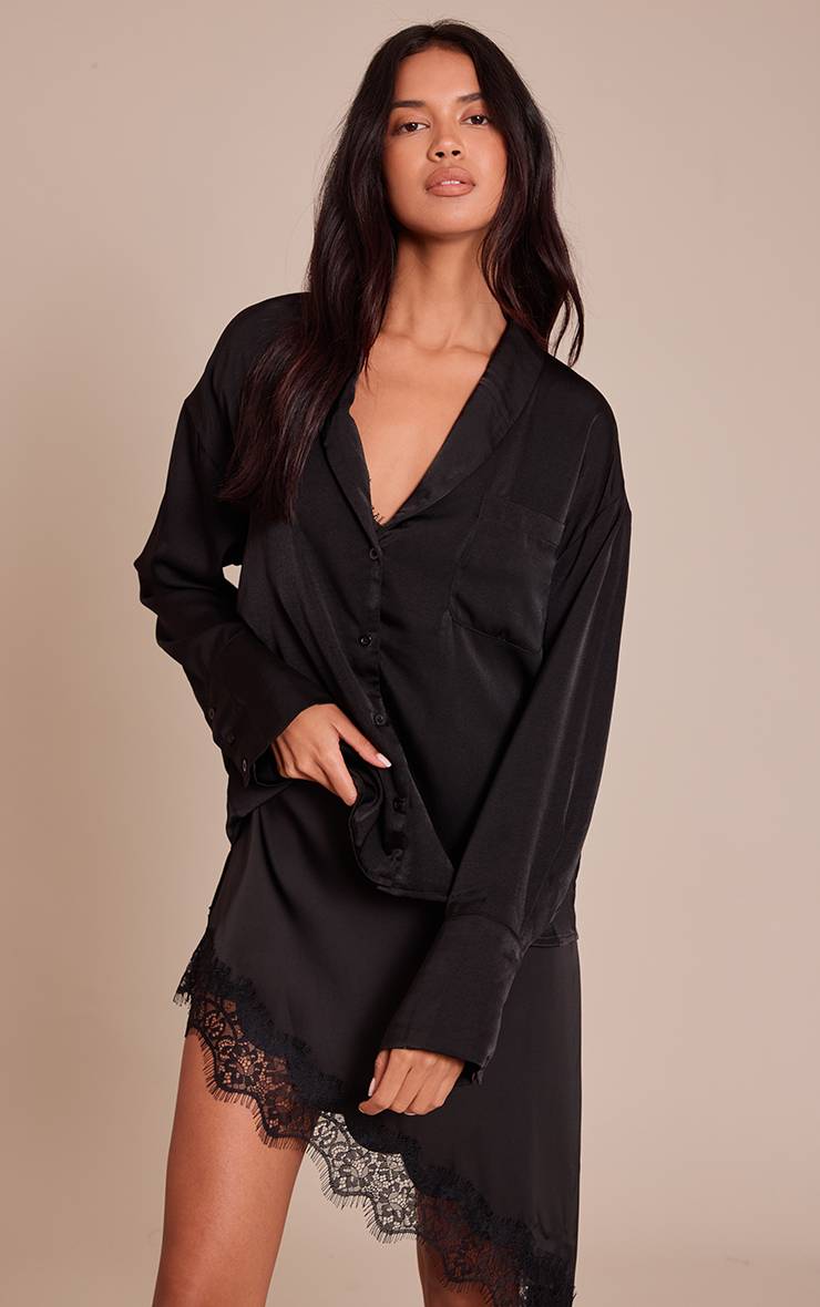 Noir Chemise À Manches Longues En Satin À Pois