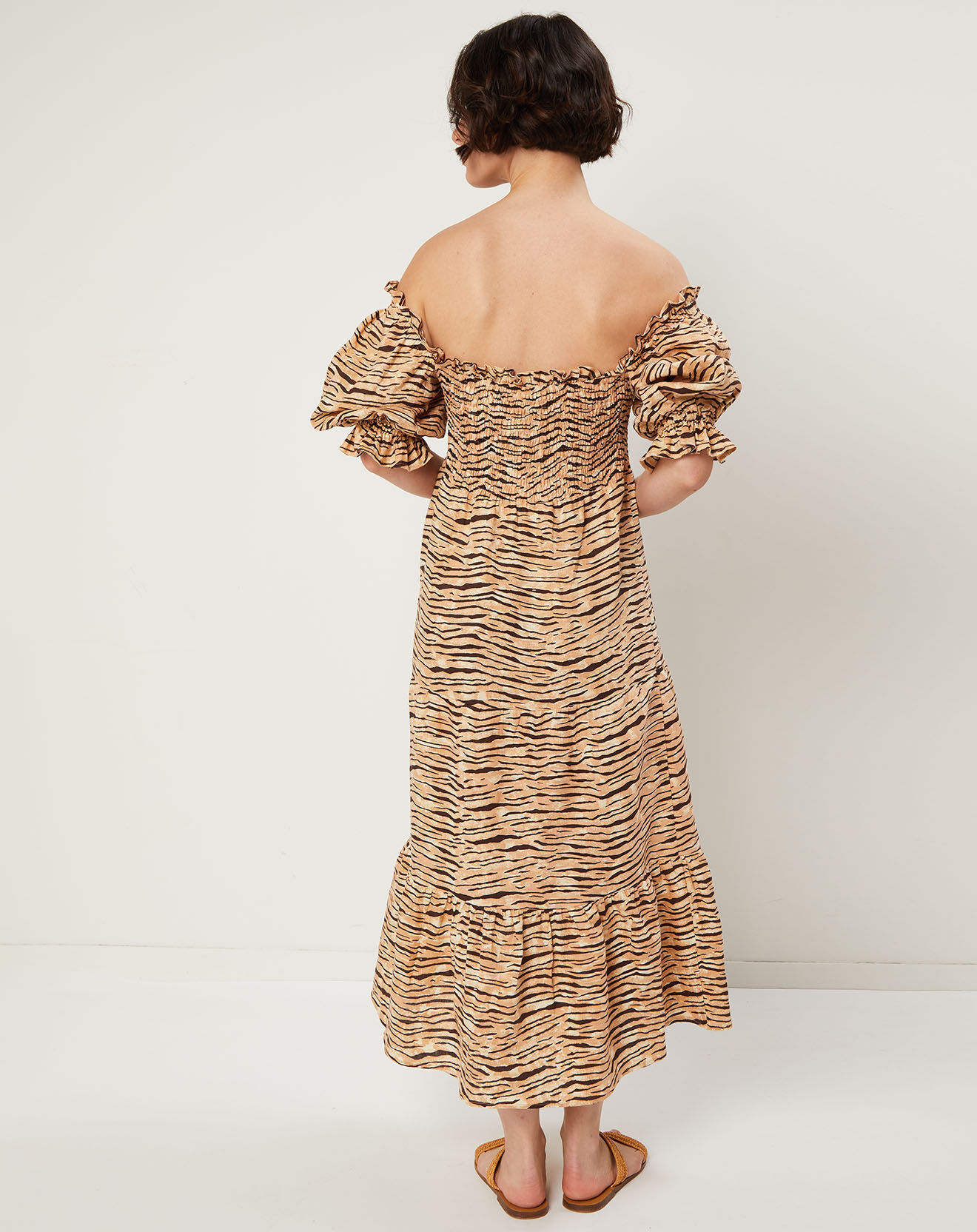 Faithfull the Brand Robe midi 100% Lin De Christin imprimé animal beige/marron