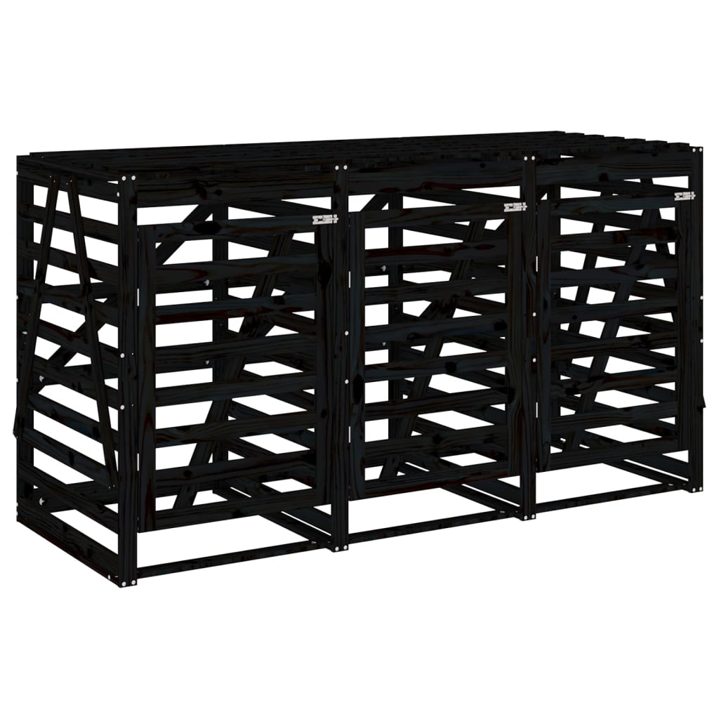 Abri pour poubelle triple sur roulettes noir bois massif de pin