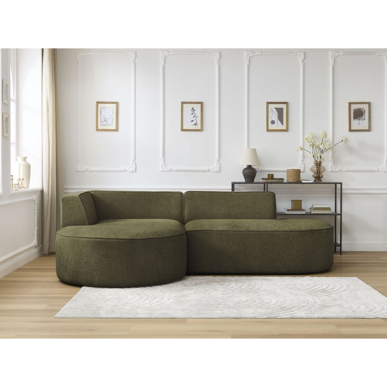 Bobochic Canapé d'angle gauche fixe 4 places Rousseau texturé vert - 250x160x72 cm