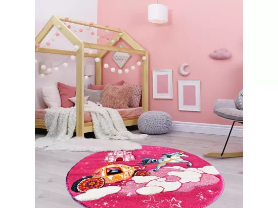 Tapis enfant Ø140cm rond tissé rose motif animaux CHATOLI