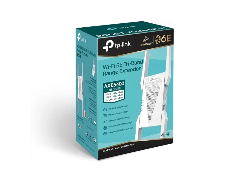 TP-Link RE815XE, Hvid, Ekstern, Mesh-satellit, Tri-band (2,4 GHz/5 GHz/6 GHz), Wi-Fi 6 (802.11ax), 2402 Mbit/s