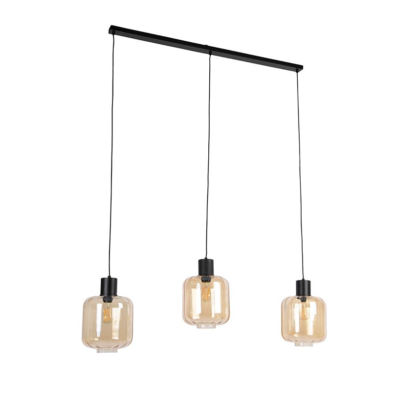 Design hanglamp zwart met amber glas 3-lichts 161,5 cm - Qara