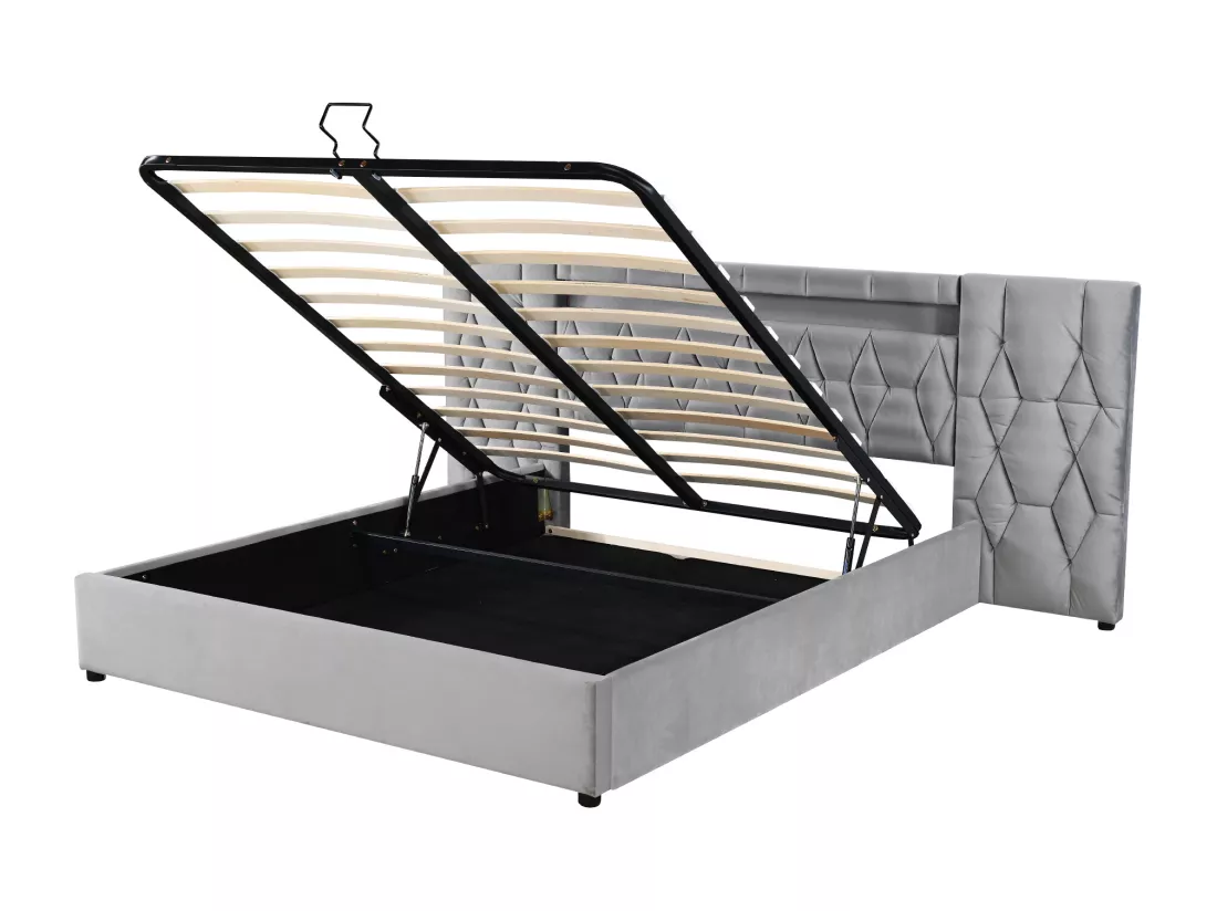 Lit coffre 180x200 cm en velours - avec LED et prise USB - Gris