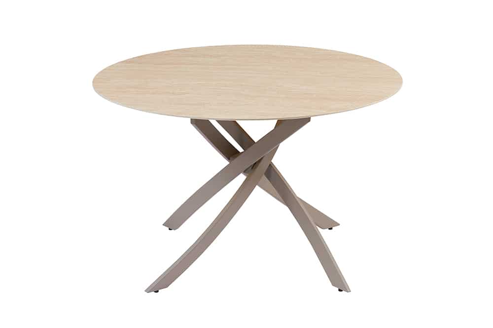 Runder Esstisch ALPINE 120cm natur Travertin Keramik champagner greige Metall