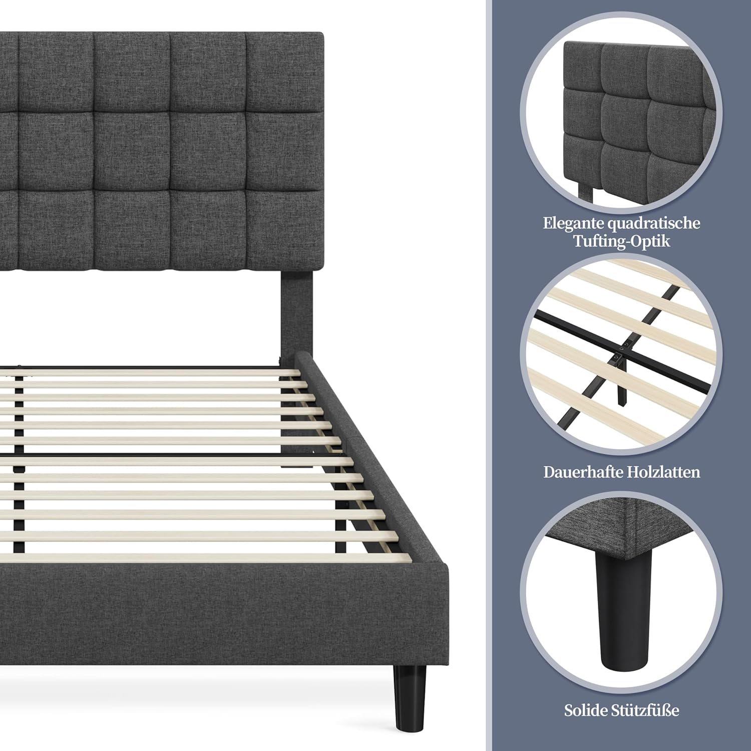 Yaheetech Polsterbett 160 x 200 cm Doppelbett mit Höhenverstellbarem Kopfteil, Stabiler Bettrahmen Stoffbett mit Lattenrost, Gepolstertes Bettgestell Jugendbett, Dunkelgrau