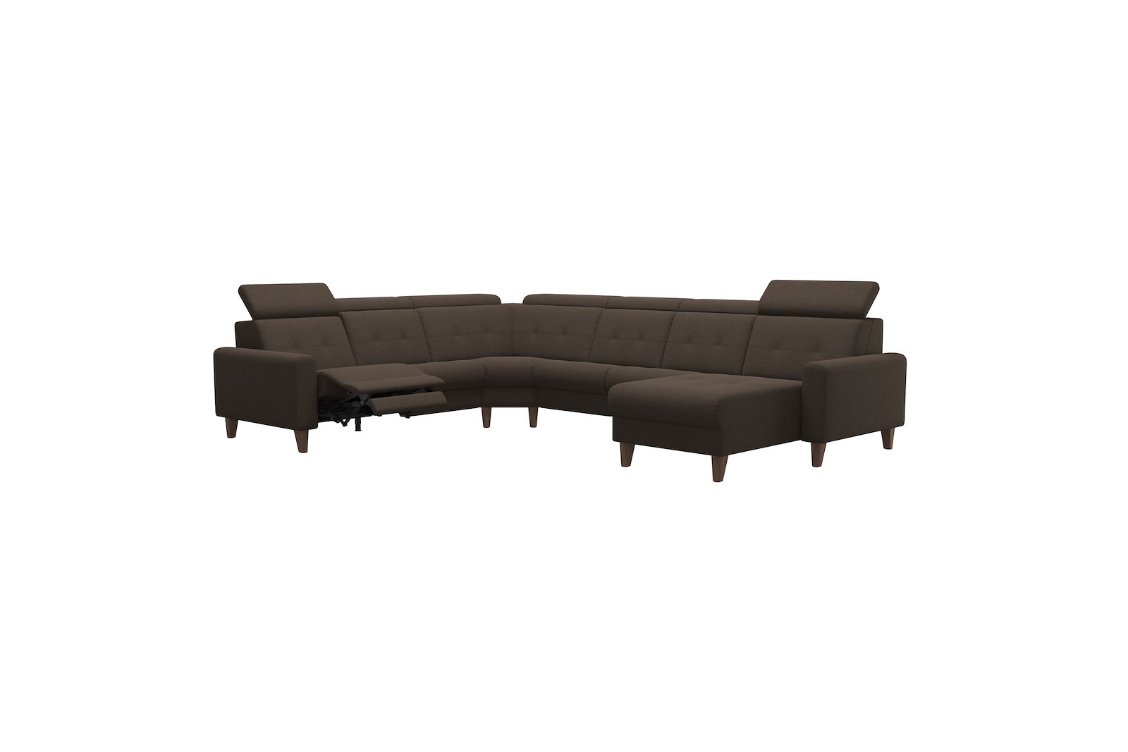 Anna C22 hjørnesofa (PMCMM) med LS (M) Tekstil Calido Brown med A1 arm og valnøttbeisede skrå ben, 14 cm. (Power-Manual-CornerManual-Manual-Manual)