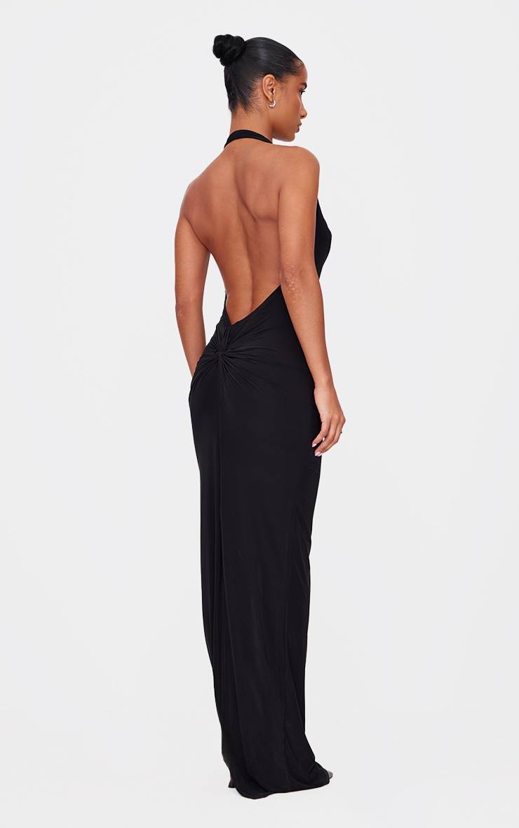 Noir Robe Longue Toucher Doux Col Bénitier Détail Dos Torsadé