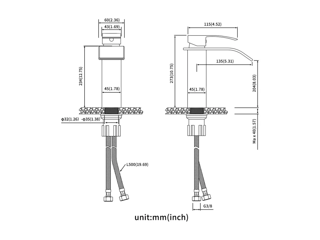 AuraLum Max 2PCS Mitigeur Robinet Lavabo Cascade Noir Moderne Mitigeur Robinet Salle Bain pour Vasque à Poser Robinetterie pour lavabo,EU Modèle