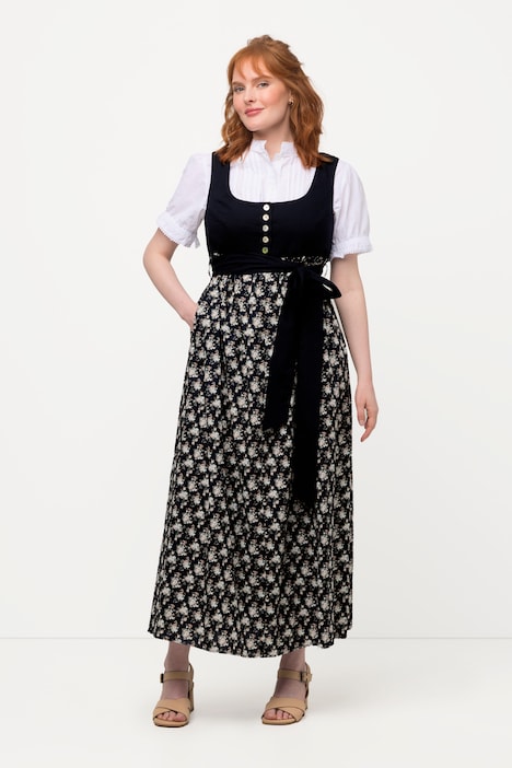 Dirndl, Blüten, Bindeband, Carree-Ausschnitt, ärmellos