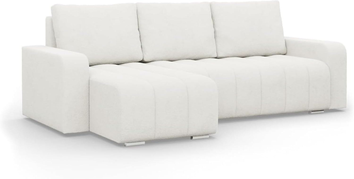 Mebligo - Ecksofa mit Schlaffunktion und Bettkasten 237 cm Breit Abrielle, Couch Wohnzimmer Links oder Rechts Schlafsofa mit Bonellfederkern, Boucle Sofa Cremefarben (Abriamo 04)