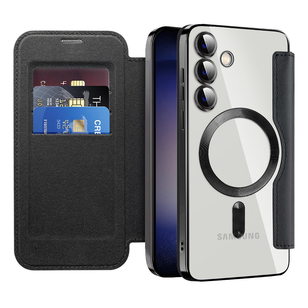 Samsung Galaxy S24  Plus Hybrid Leder Tasche   Kunststoff Rückseite MagSafe-Modul - Schwarz / Transparent