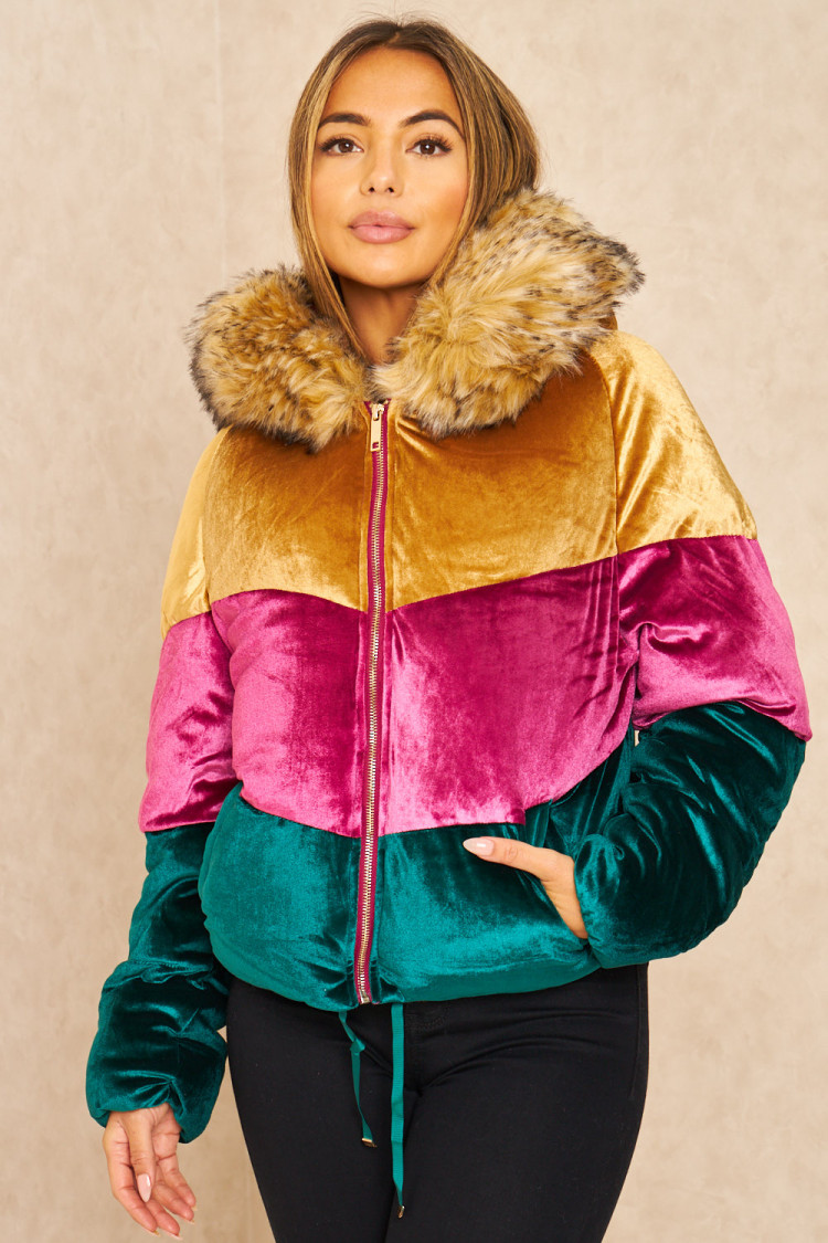 Doudoune tricolore en velours or