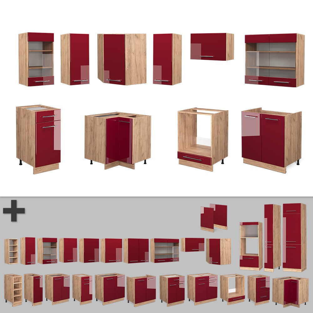 Vicco Eckküche Küchenzeile Einbauküche Fame-Line Eiche Bordeaux Rot 190 cm modern Schubunterschrank Spülenunterschrank Eckunterschrank Herdumbauschrank Hängeglasschrank Hängeschrank Hochglanz