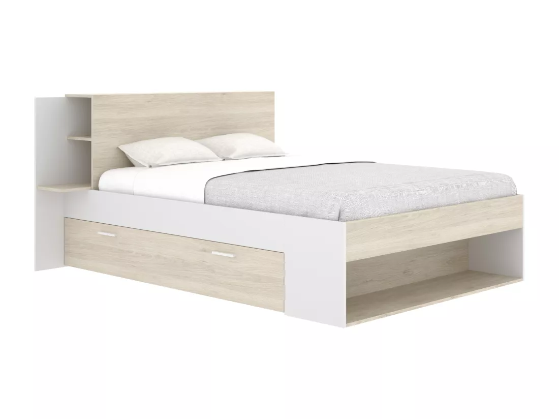 Lit 140 x 190 cm avec rangements - Coloris : Naturel et blanc - KEROSIA