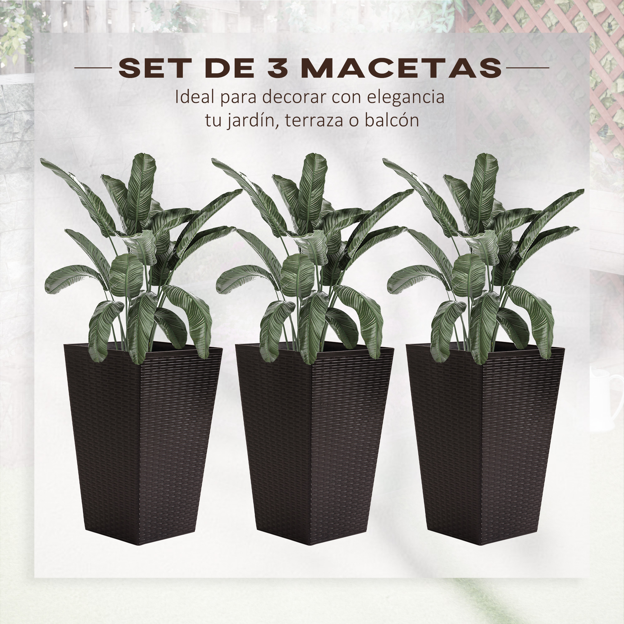 Conjunto Outsunny de 3 vasos quadrados para plantas e flores, com efeito rattan, ideais para jardim, pátio, uso interno e externo, 36,5 x 36,5 x 61 cm, marrom.