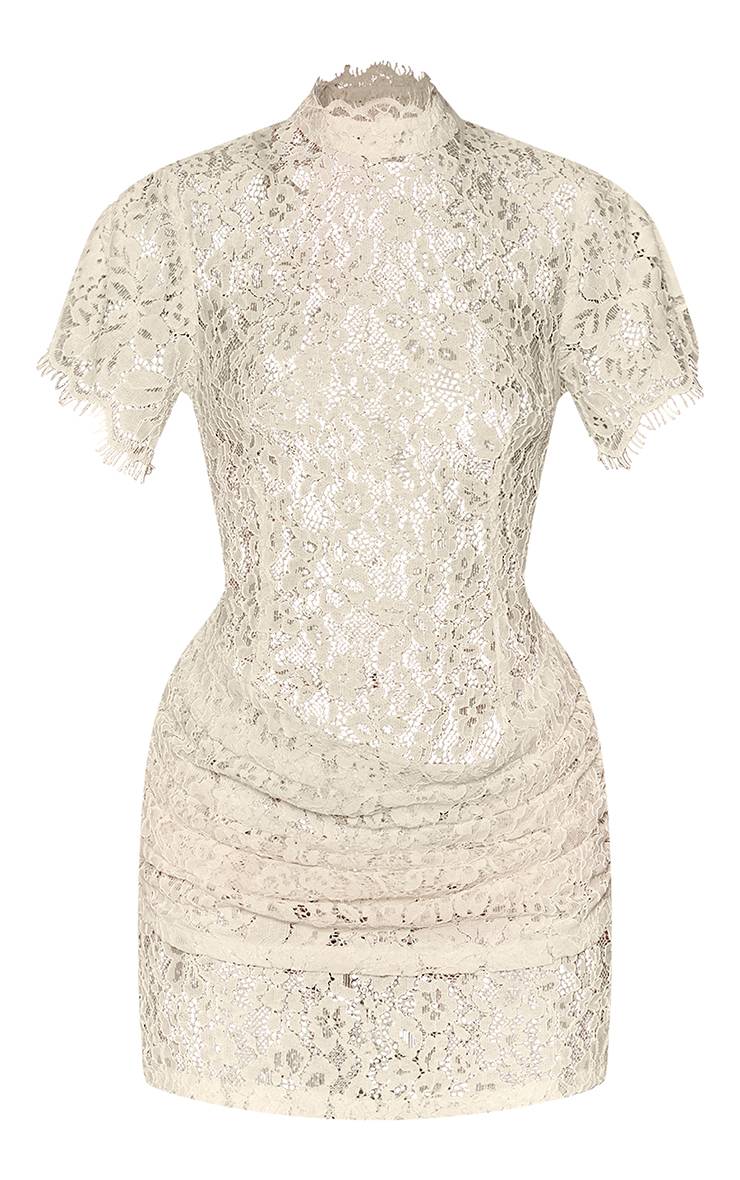 Crème Robe Courte Moulante En Dentelle Transparente À Manches Courtes Drapées