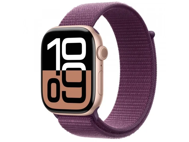 Apple Watch Series 10 (GPS) - 46 mm - roseguldaluminium - smart ur med sportsløkke - blød dobbeltlagsnylon - blomme - håndledsstørrelse: 130-200 mm - 64 GB - Wi-Fi 4, UWB, Bluetooth - 36.4 g