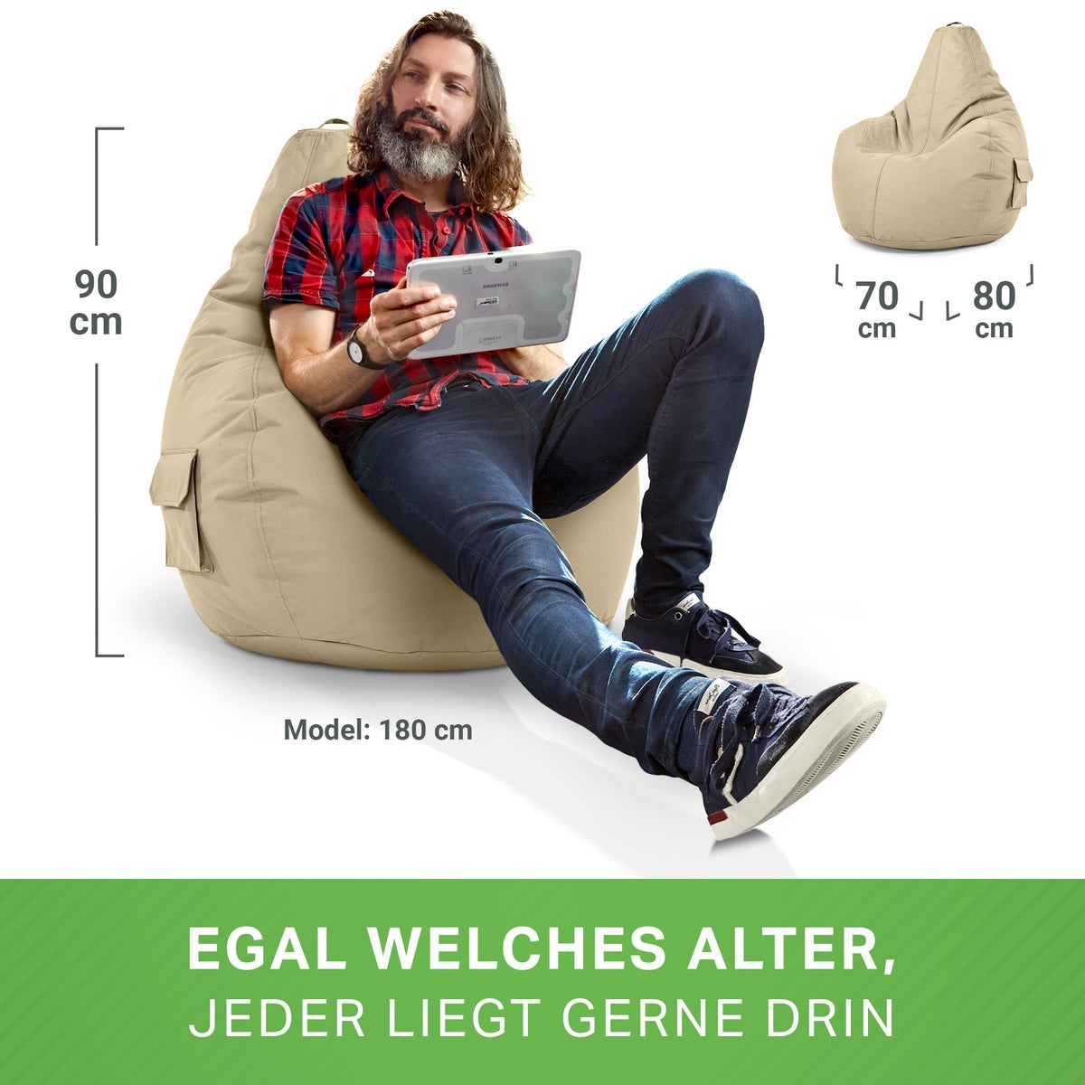 Green Bean Zitzak met rugleuning 80x70x90cm - Gaming stoel met 230L vulling, comfortabel, zacht, wasbaar - Zitzak vloerkussen, loungestoel, voetenbank, relaxstoel, gamerstoel, beige