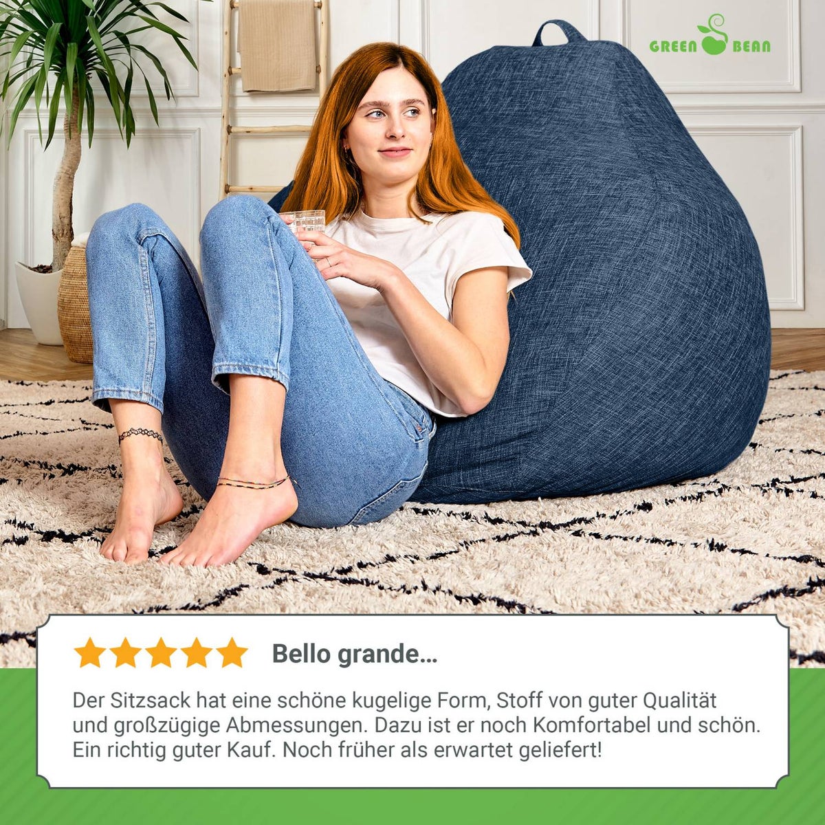 Green Bean Indoor Zitzak met 200 liter gevuld met EPS-korrels, knuffelzacht, wasbaar - Stoffen vloerkussen, ligstoel, zitkussen, loungestoel voor binnen - Donkerblauw