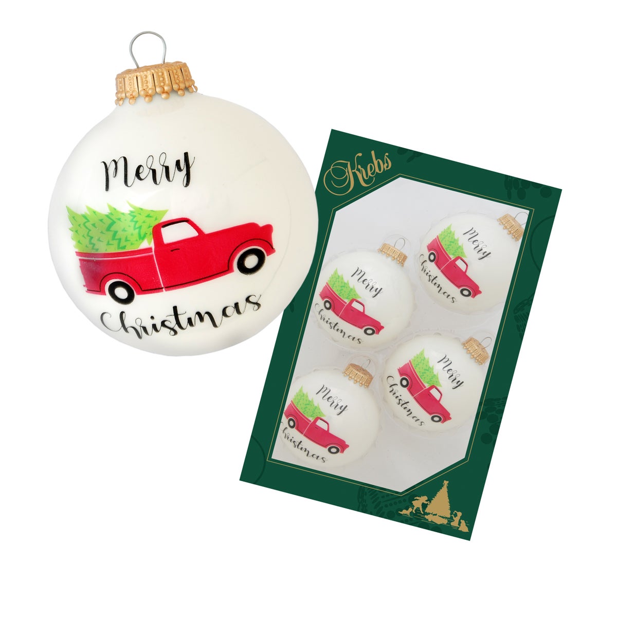 Witte porseleinen glazen bol van 7 cm met een rode vintage vrachtwagen, 4 stuks, kerstballen, kerstversieringen, kerstversieringen voor de kerstboom