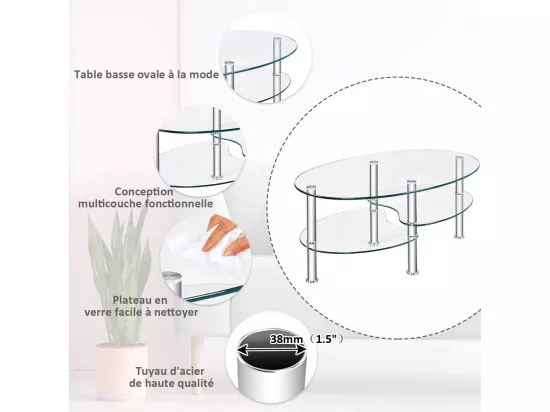 Table basse en verre transparente avec 3 etagères en verre trempé, ovale 90x50x45cm