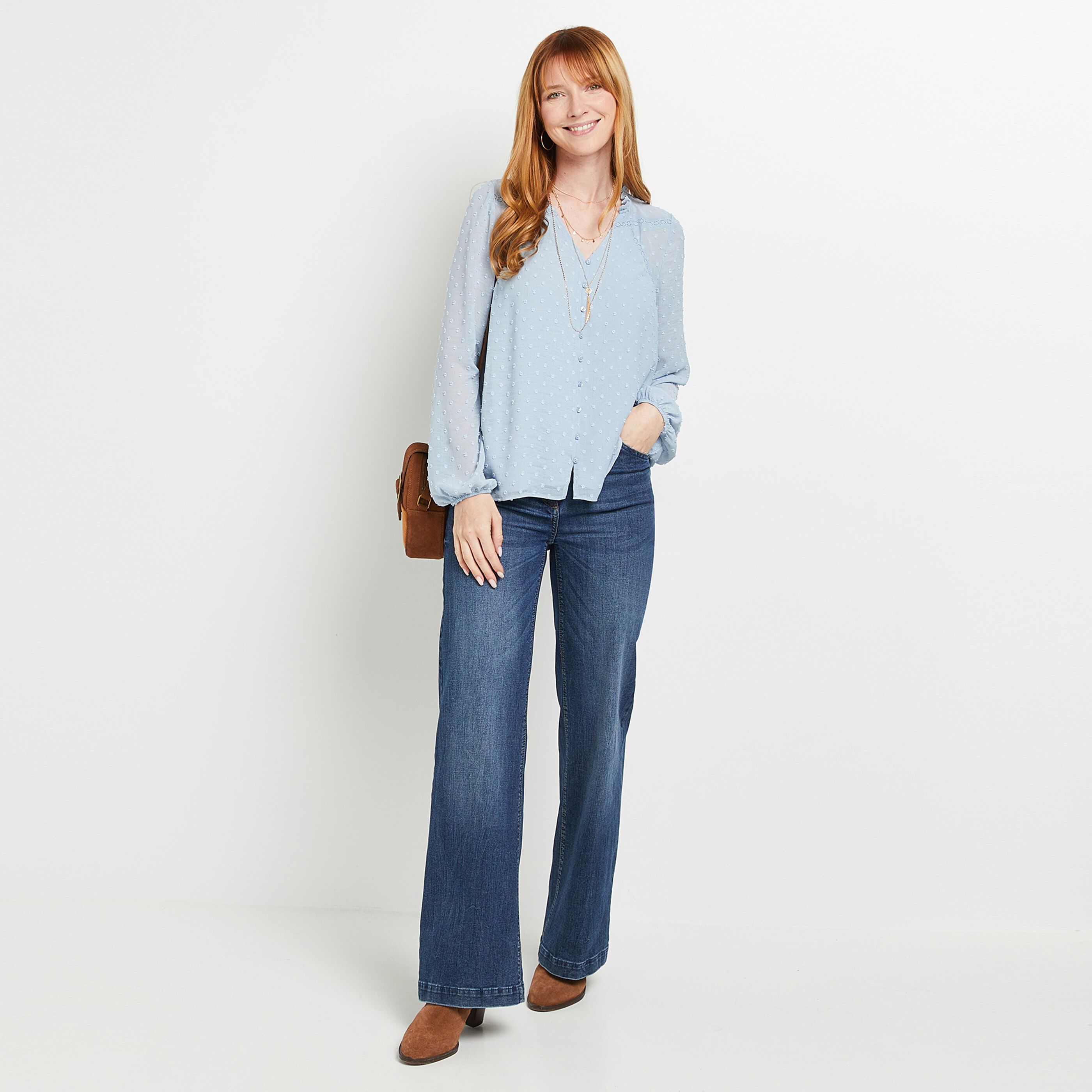 Chemisier plumetis col V femme - BLEU CLAIR