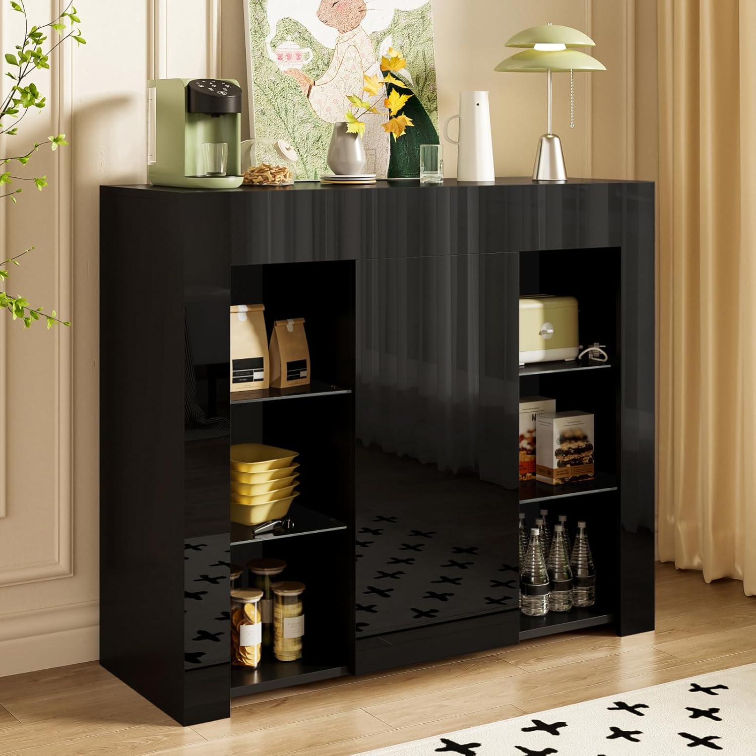 Sideboard mit Türen, Küchenschrank mit Glasböden und Trennwände, Modernes Kommode mit Stauraum, für Küche, Wohnzimmer & Esszimmer, Griffloses Design, 95x35x83cm, Schwarz