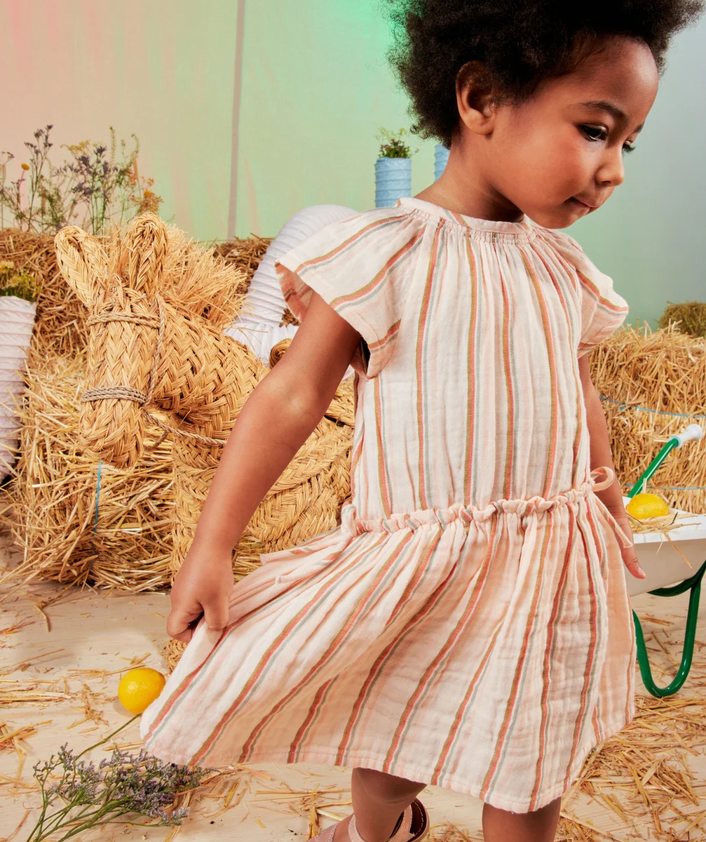 ROBE BÉBÉ FILLE EN COTON ROSE AVEC RAYURES COLORÉES