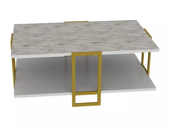 Table basse Polka avec cadre métalique doré (Effet marbre blanc)
