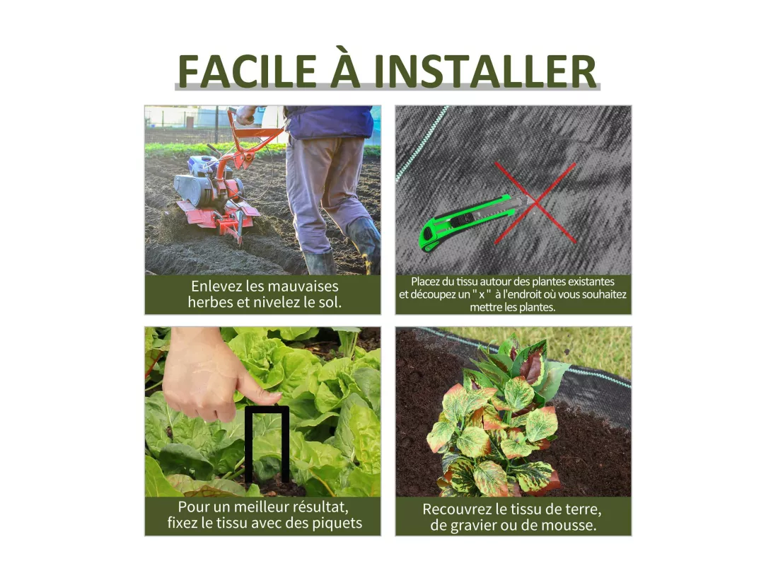 Toiles de paillage - Toile anti mauvaises herbes - toile de paillage anti mauvaises herbes 100 g/m² - indéchirable perméable à l'eau anti UV - PP noir vert