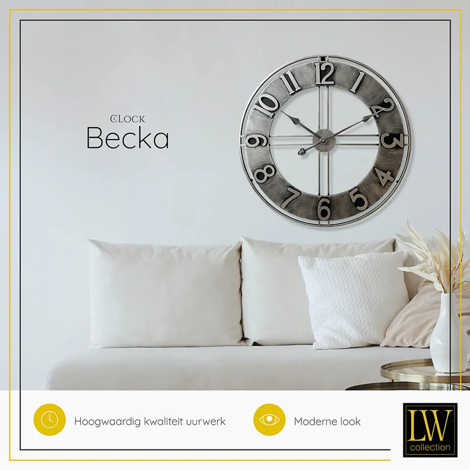 LW Collection Wandklok Becka grijs zilver 80cm