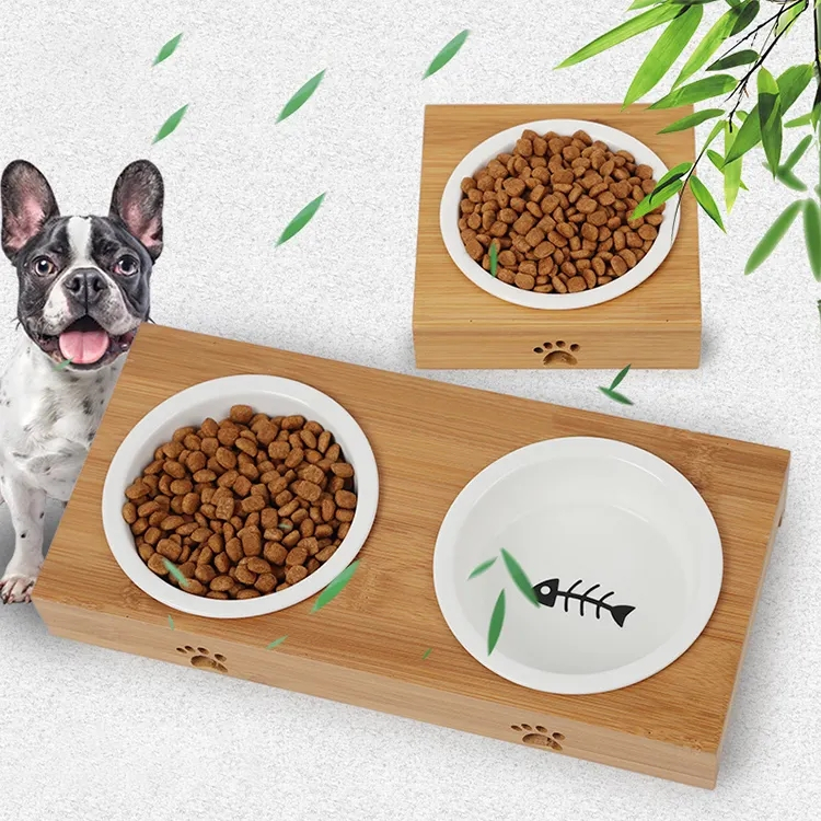 Bambus Haustier Futterstation Katzen Fress Napf Hunde Schale - Braun / Weiss