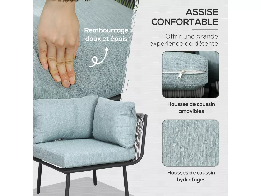 Salon de jardin d'angle 5 places 4 pièces coussins inclus alu. résine tressée gris